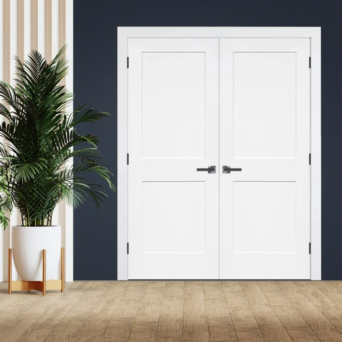 Two Panel Shaker Solid Core Door Black Hinges with Handle