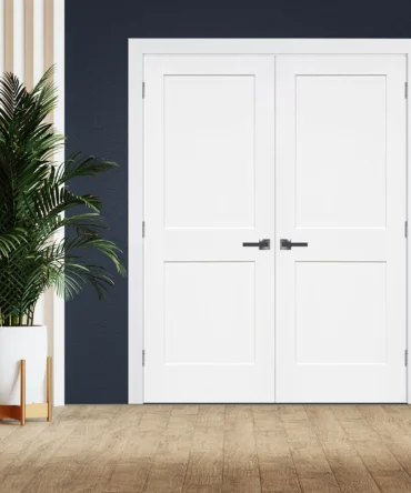 Two Panel Shaker Solid Core Door Silver Hinges with Handle