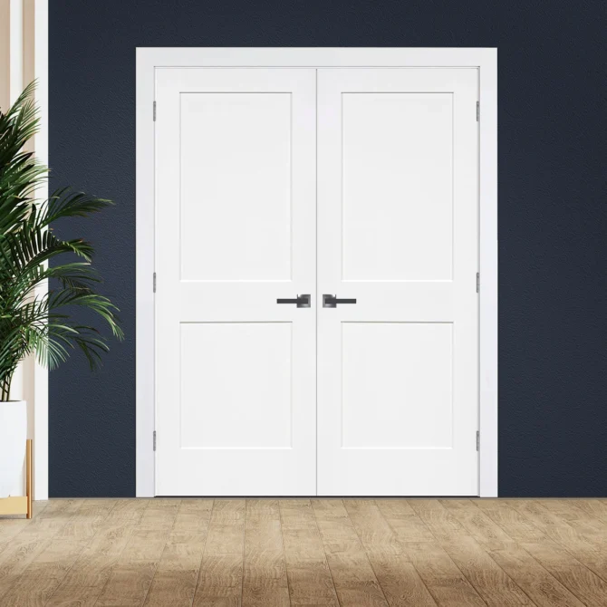 Two Panel Shaker Solid Core Door Black Hinges With Handle